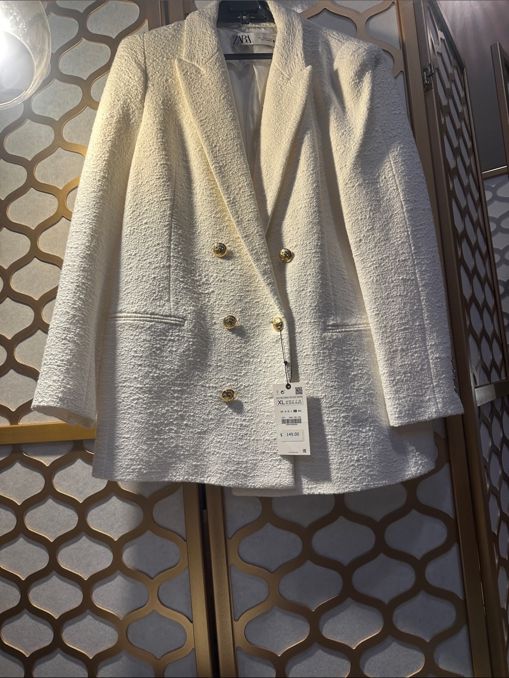 ZARA white Double-Breasted Textured Blazer with Gold Buttons Size XL - Picture 2 of 8
